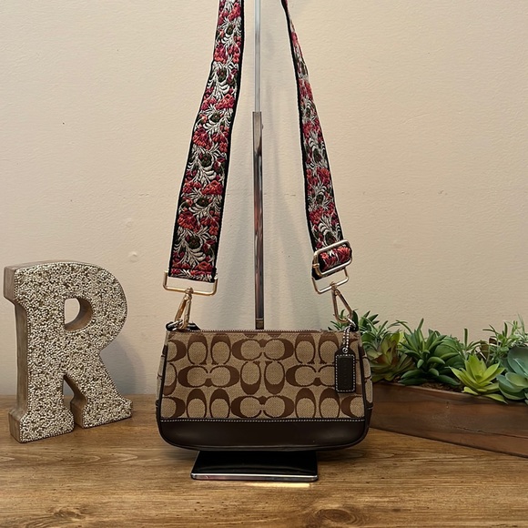 Coach Handbags - ✨Sold✨ Coach Brown Signature Print Bag With Replaced Guitar Crossbody Strap
